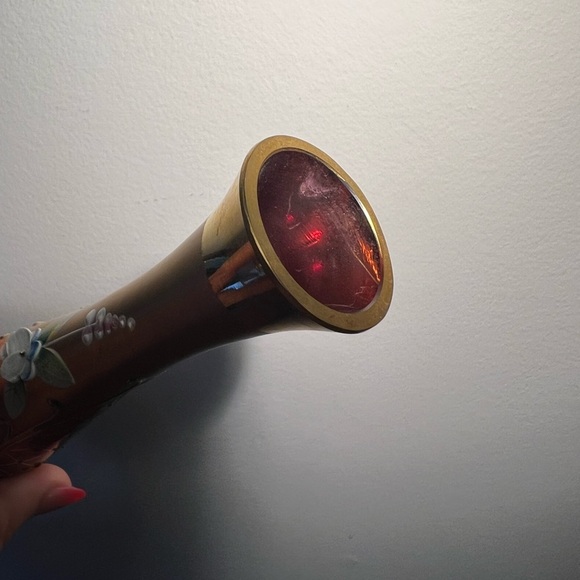 Vintage RTL Bohemian Pink Gold Floral Glass Vase Handmade Hand painted Mcm - Picture 7 of 12